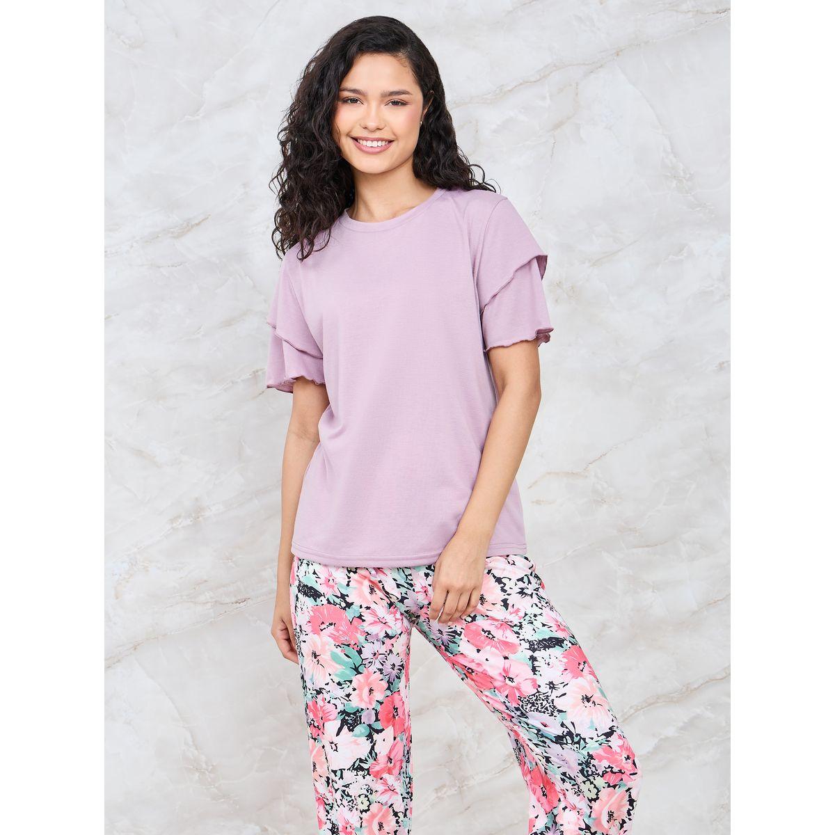 Styli Unwind Layer Ruffle Sleeve T-Shirt & Floral Print Pyjama Set-women-clothing-nightwear-pyjamas-longsets-image-2
