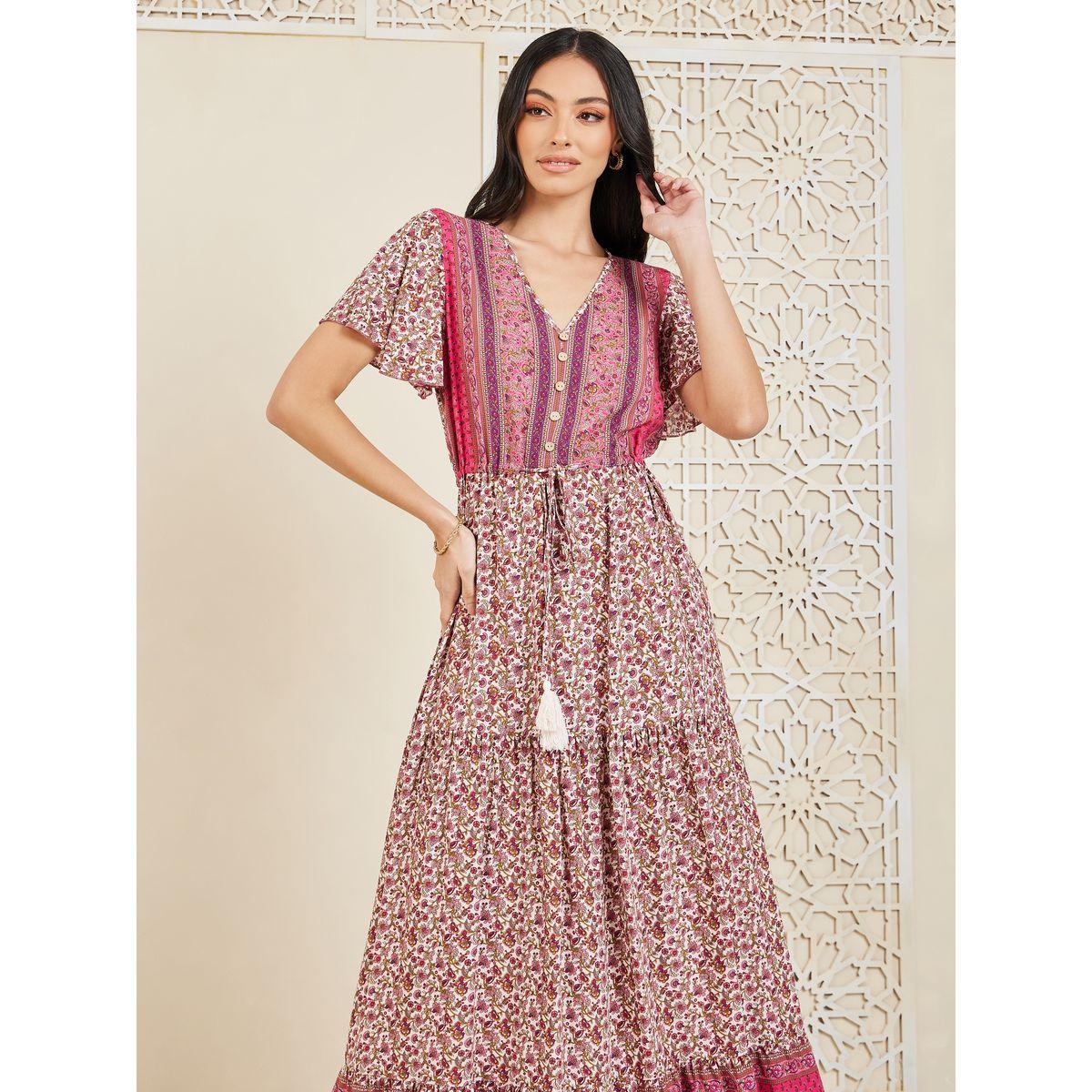Styli Floral Print Drawstring Waist Tie Up A-Line Maxi Dress-women-clothing-dresses-image-2