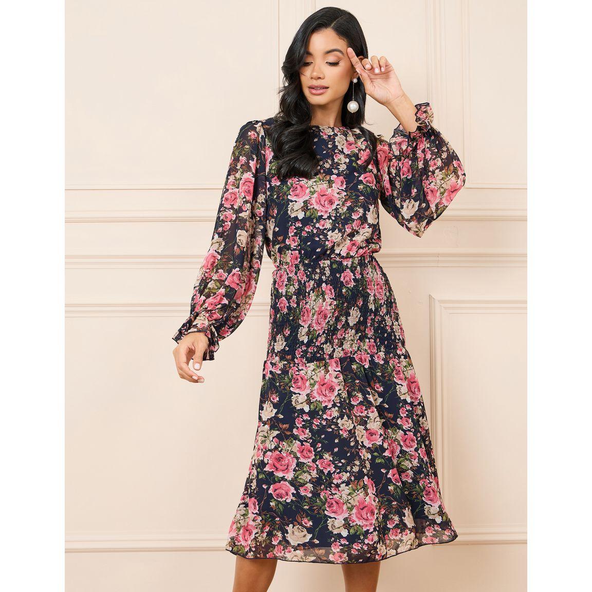 Styli Floral Print Smocked Detail A-Line Midi Dress-women-clothing-dresses-image-2