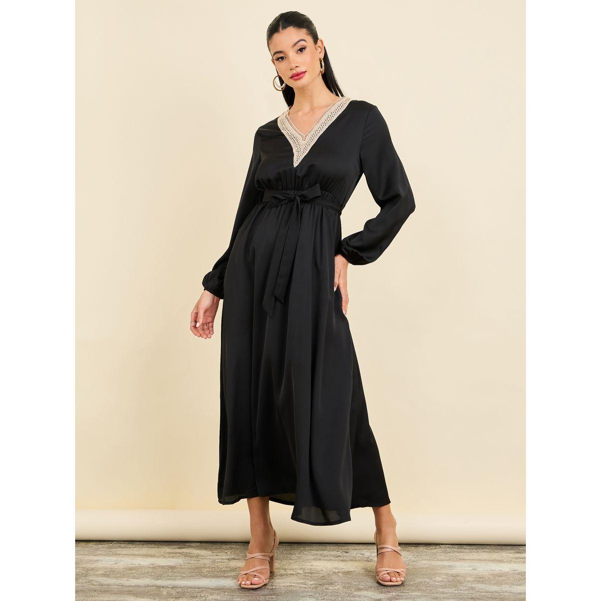 Styli Lace Trim V Neck A-Line Midi Dress with Self Tie  Up-women-clothing-dresses-image-1