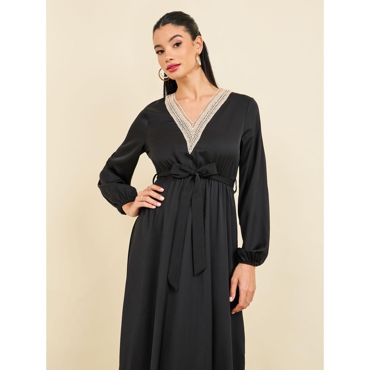 Styli Lace Trim V Neck A-Line Midi Dress with Self Tie  Up-women-clothing-dresses-image-2