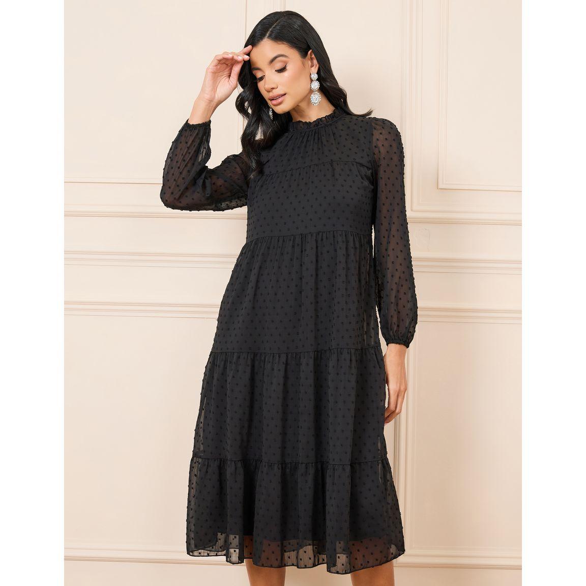 فستان ميدي مزين بكسرات وياقة عالية-women-clothing-dresses-image-1