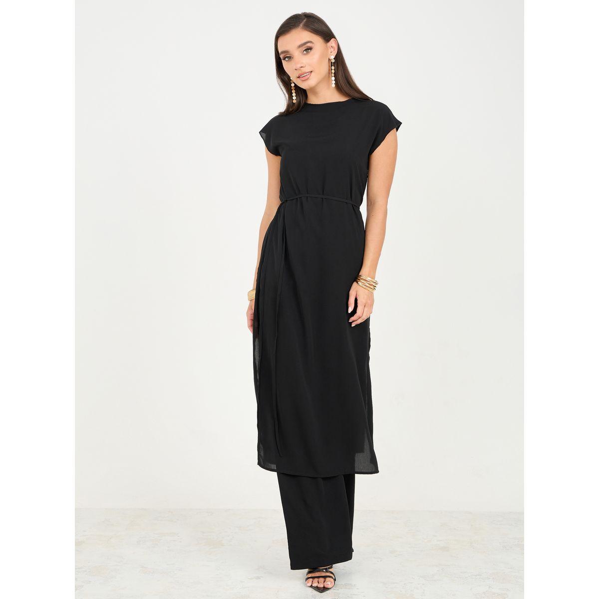 Styli Solid Round Neck Longline Top and Wide Leg Pant Set-women-clothing-coordsets-image-1