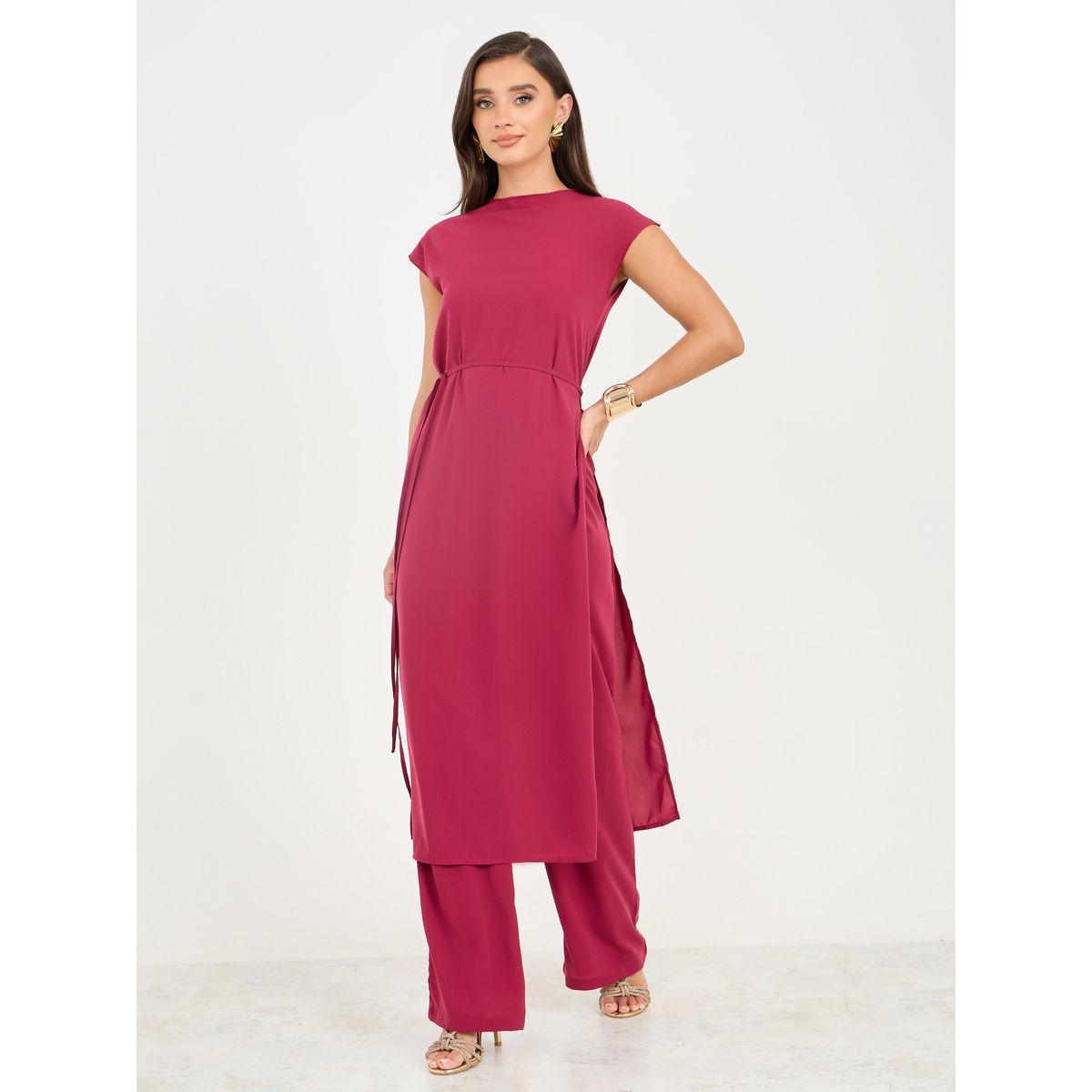 بنطال بأرجل واسعة مع بلوزة سادة بياقة دائرية-women-clothing-coordsets-image-1