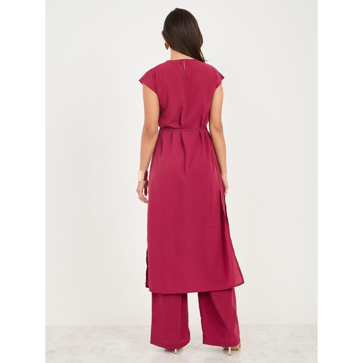 بنطال بأرجل واسعة مع بلوزة سادة بياقة دائرية-women-clothing-coordsets-image-4