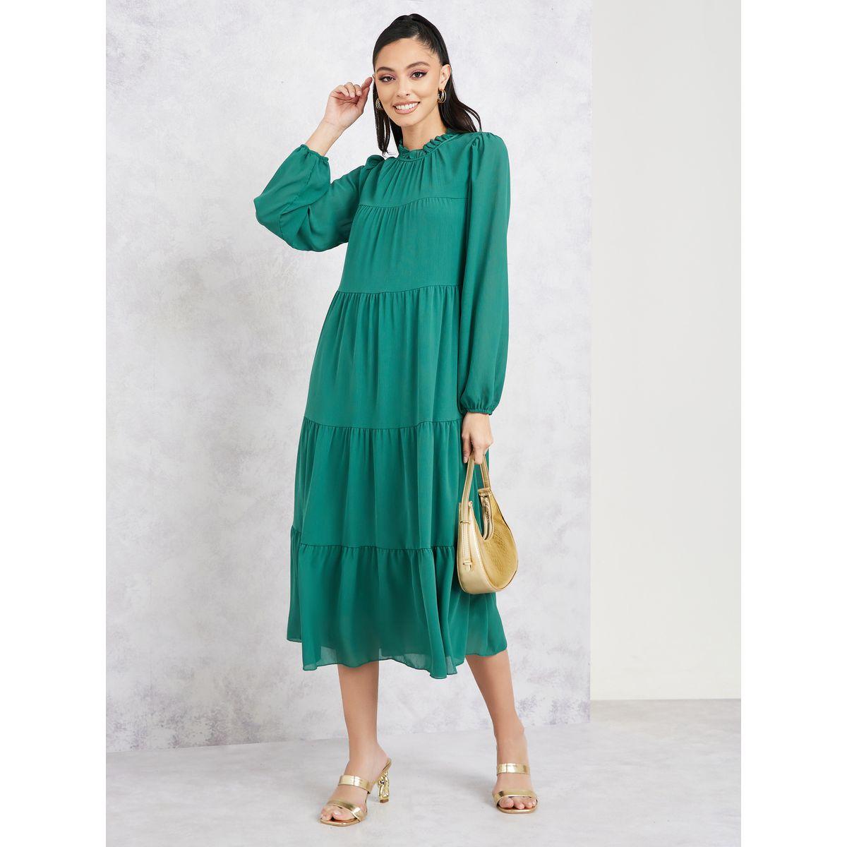 Styli Solid Long Sleeves Tiered Midi Dress-women-clothing-dresses-image-1