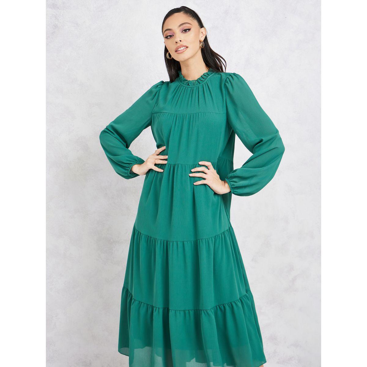 Styli Solid Long Sleeves Tiered Midi Dress-women-clothing-dresses-image-2