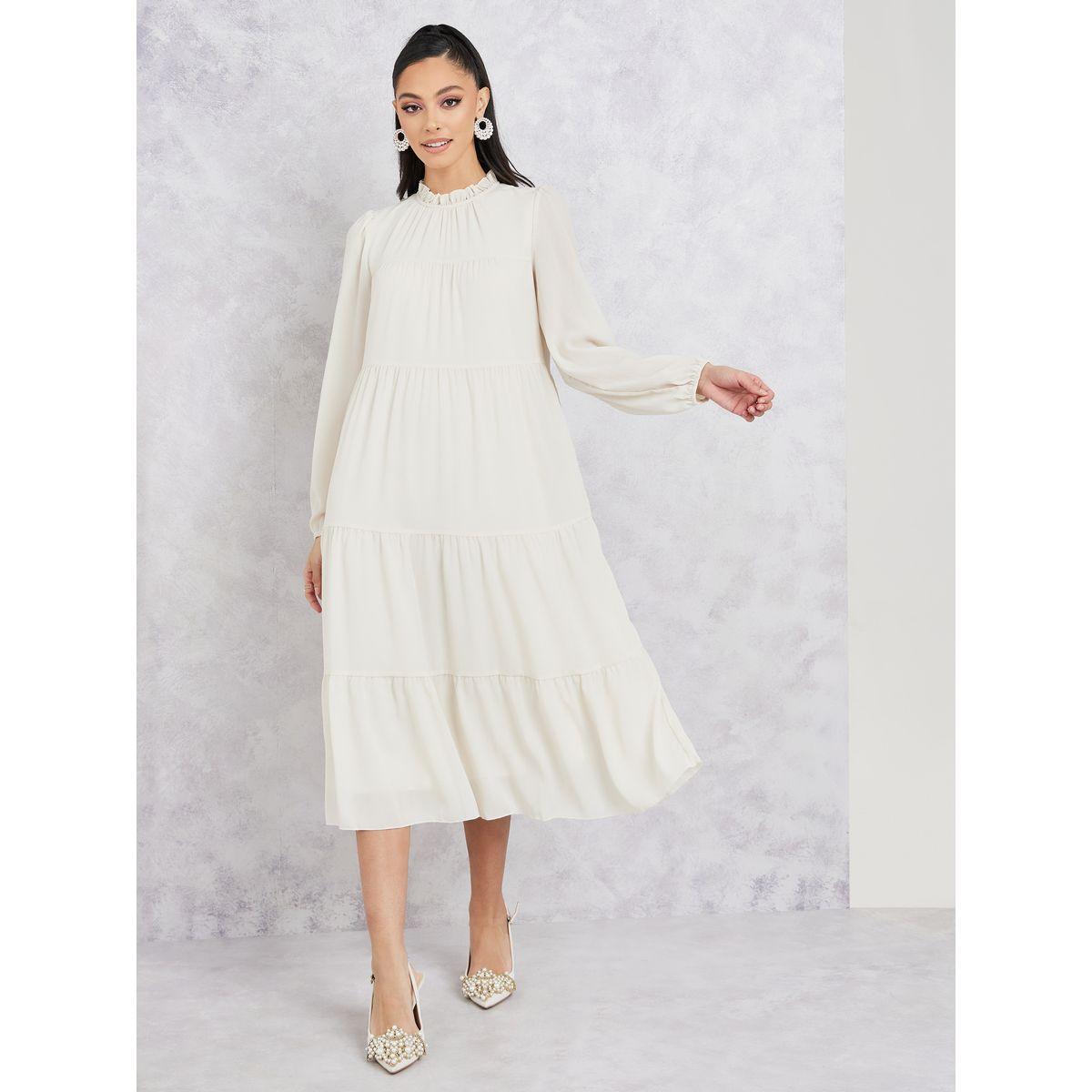 Styli Ruffle High Neck Gathered Detail Tiered Midi Dress-women-clothing-dresses-image-1