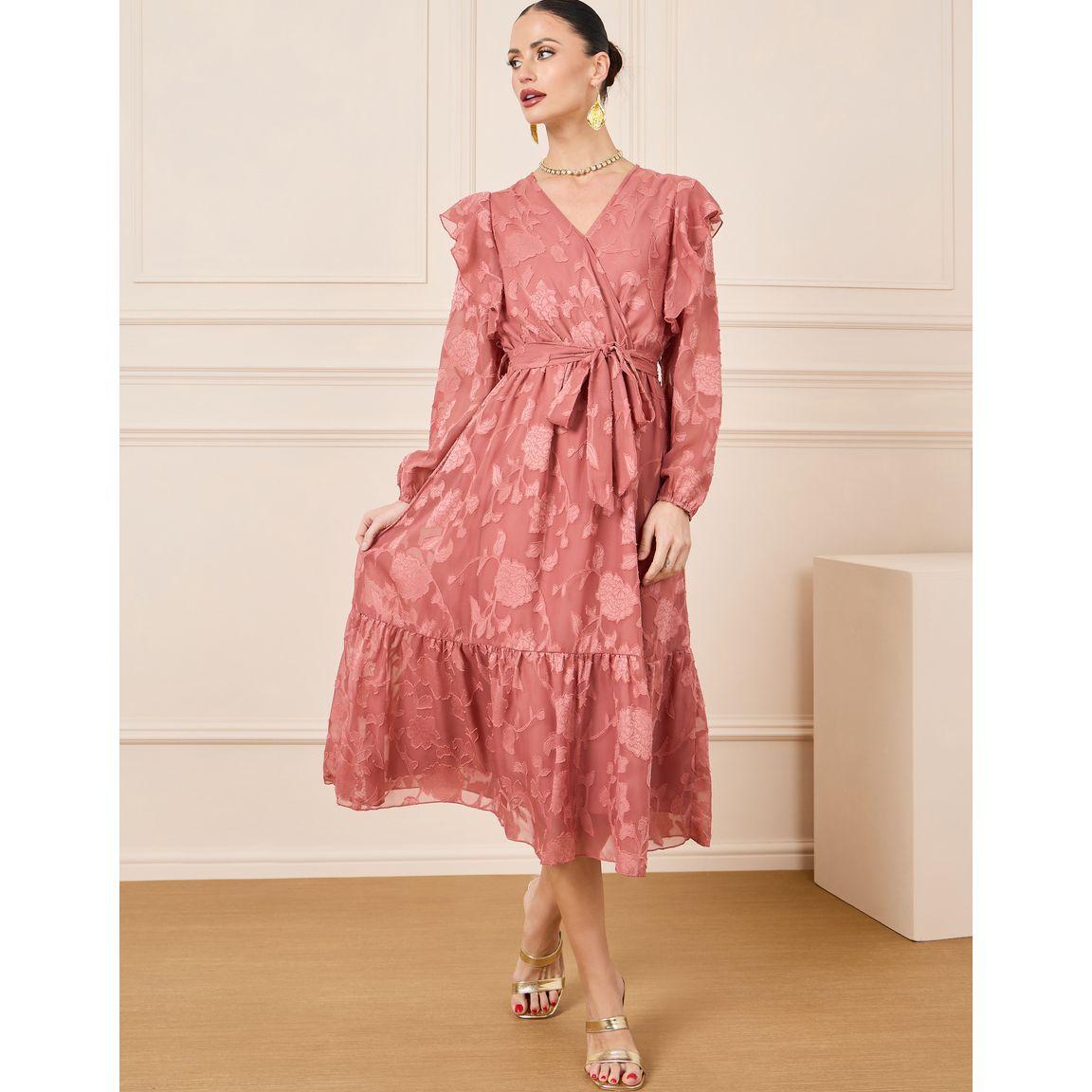 Styli Floral Textured Ruffle Detail Wrap Midi Dress-women-clothing-dresses-image-1
