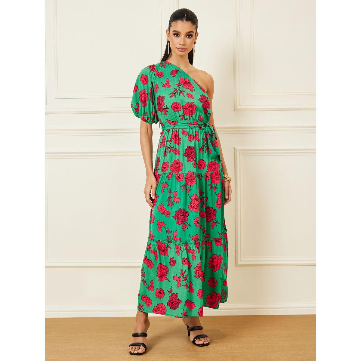 Styli Floral Print One Shoulder Sleeves A-Line Maxi Dress-women-clothing-dresses-image-1