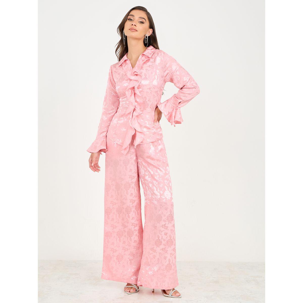 Styli Jacquard Print Ruffle Detail Shirt and Wide Leg Pant Set-women-clothing-coordsets-image-1
