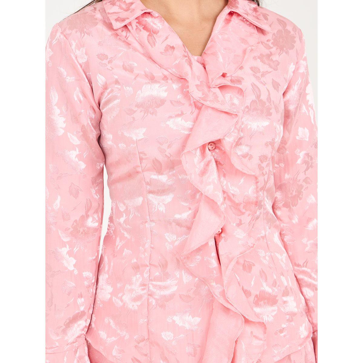 Styli Jacquard Print Ruffle Detail Shirt and Wide Leg Pant Set-women-clothing-coordsets-image-3