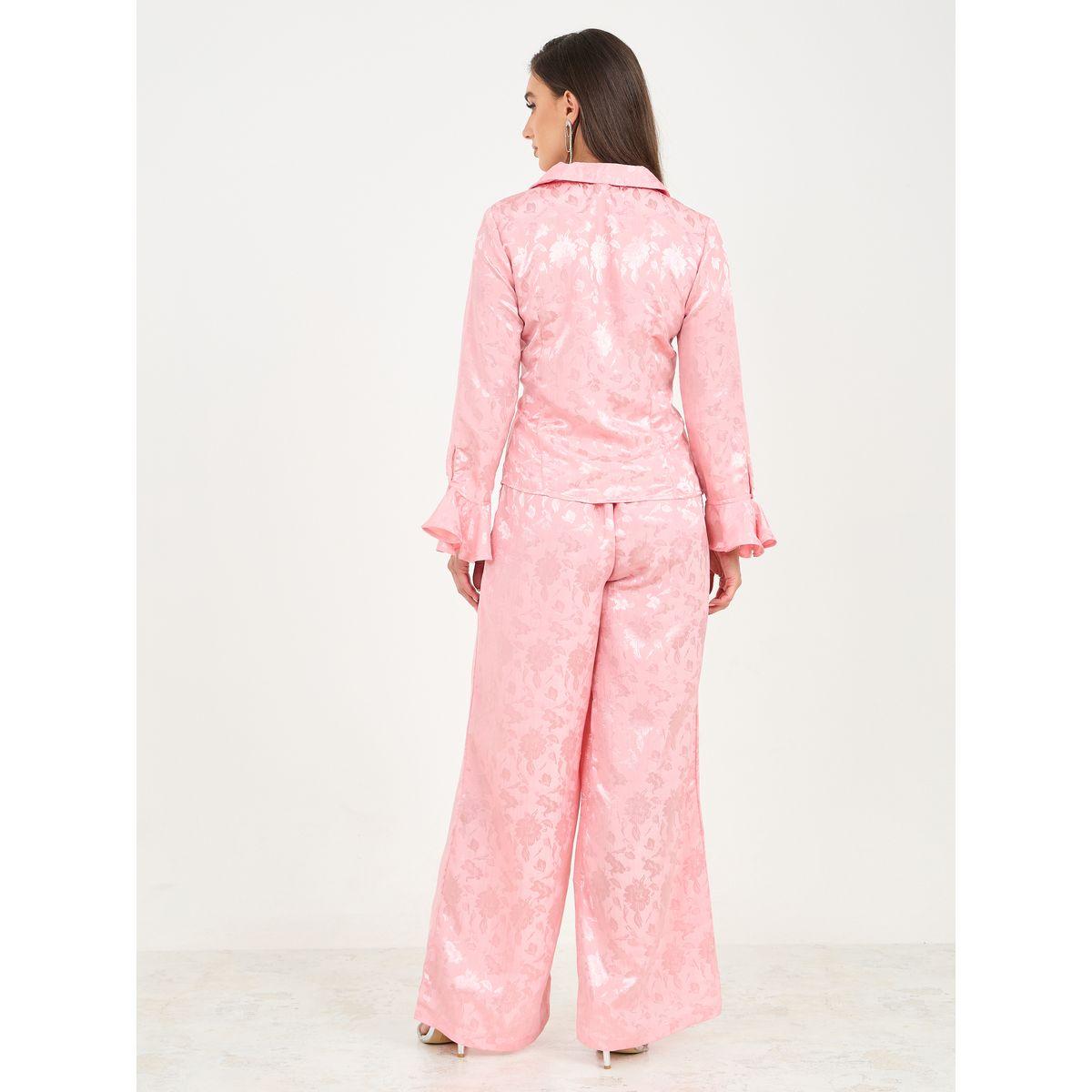 بنطال بأرجل واسعة مع بلوزة بطبعة جاكار وكشكش-women-clothing-coordsets-image-4