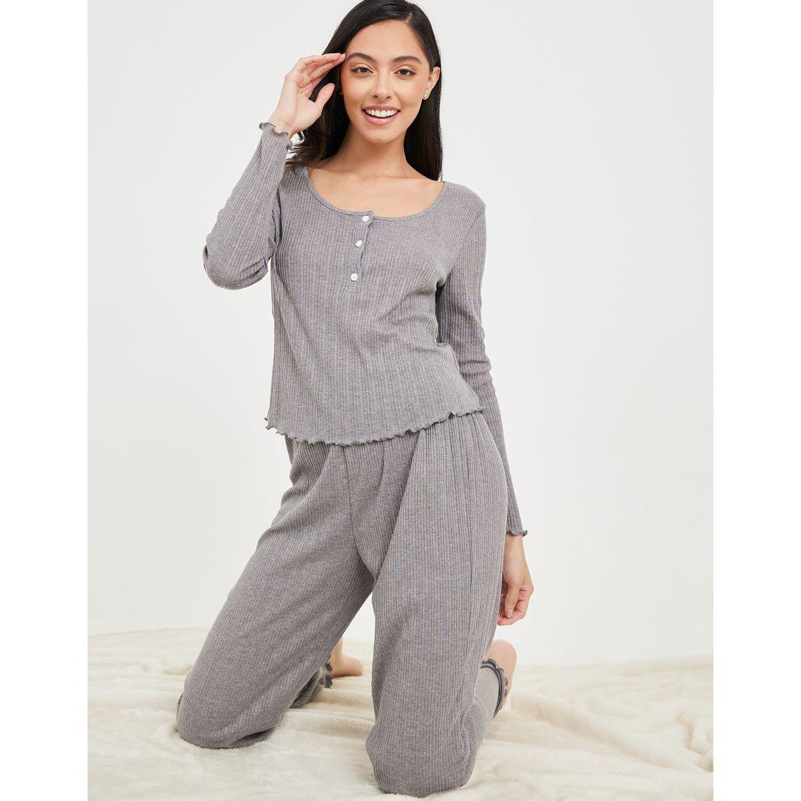 Styli Unwind Ribbed Lettuce Hem Long Sleeves T-shirt and Pyjama Set-women-clothing-nightwear-pyjamas-longsets-image-1