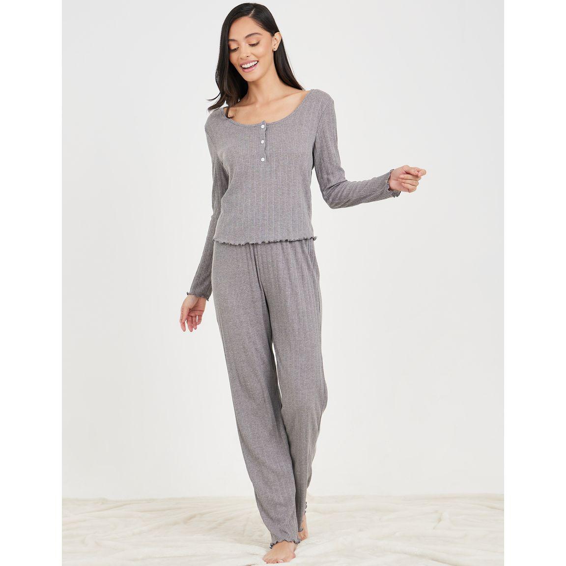 Styli Unwind Ribbed Lettuce Hem Long Sleeves T-shirt and Pyjama Set-women-clothing-nightwear-pyjamas-longsets-image-2