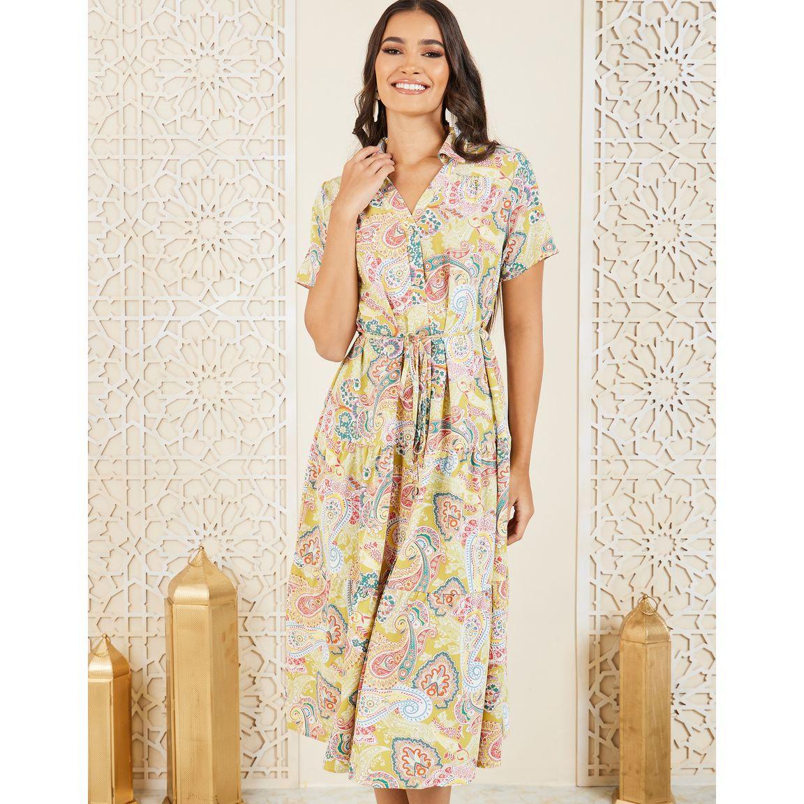 Styli Paisley Print Collared Tiered Midi Dress with Self Tie-women-clothing-dresses-image-1