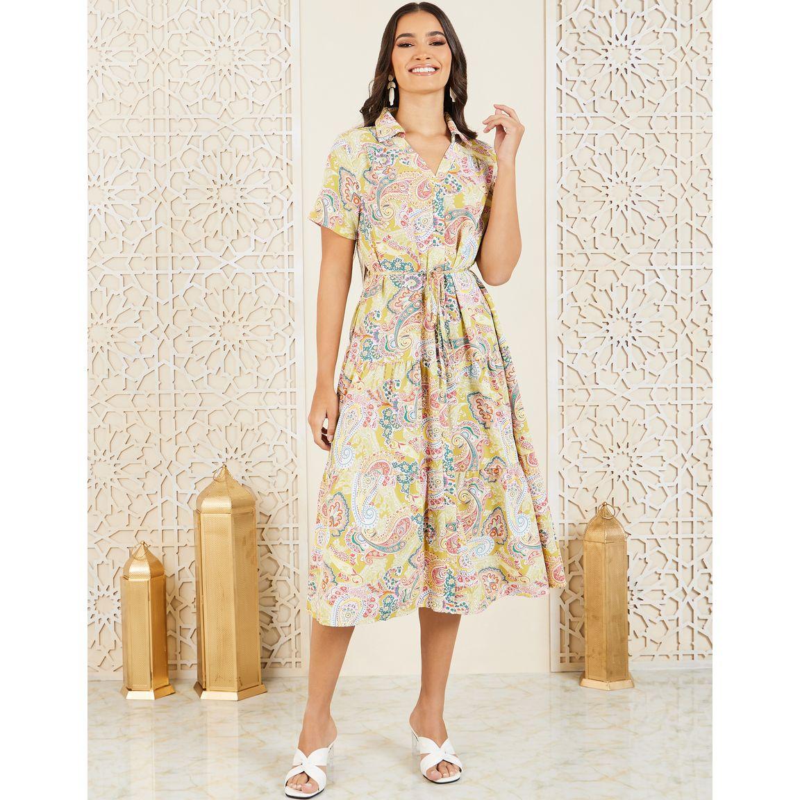 Styli Paisley Print Collared Tiered Midi Dress with Self Tie-women-clothing-dresses-image-2