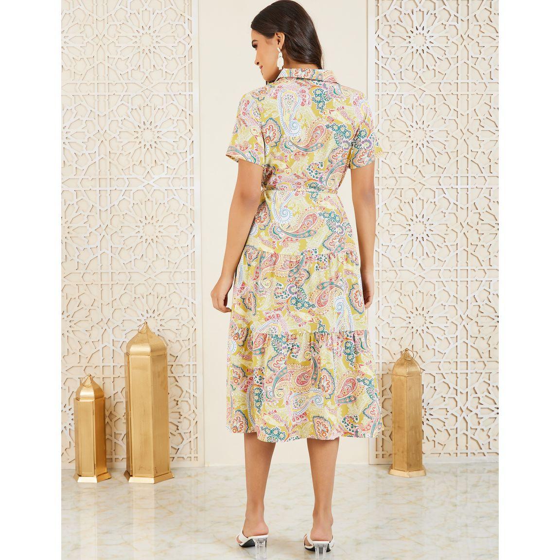 Styli Paisley Print Collared Tiered Midi Dress with Self Tie-women-clothing-dresses-image-4