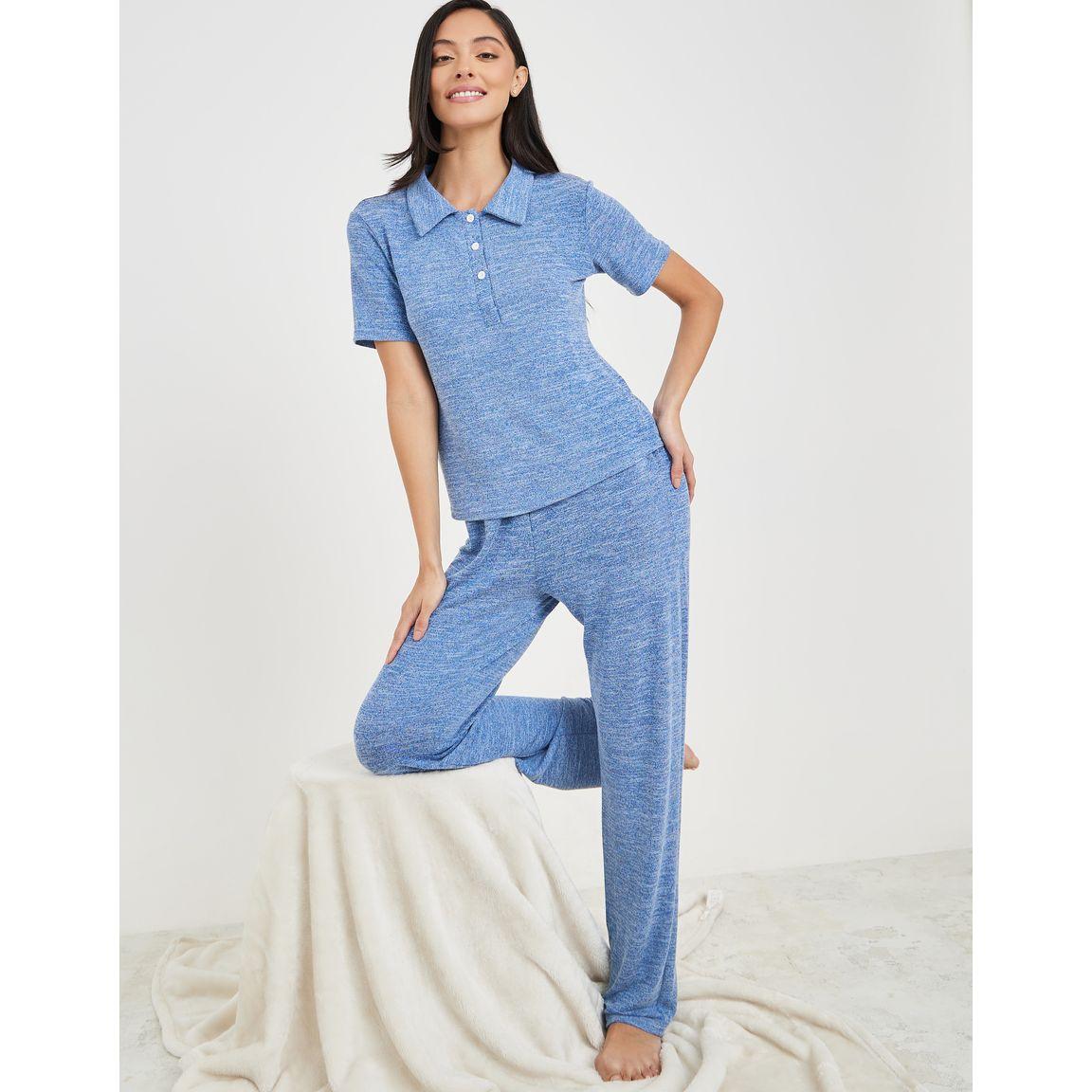 Styli Unwind Melange Button Placket Collared T-Shirt & Trouser Lounge Set-women-clothing-coordsets-image-1