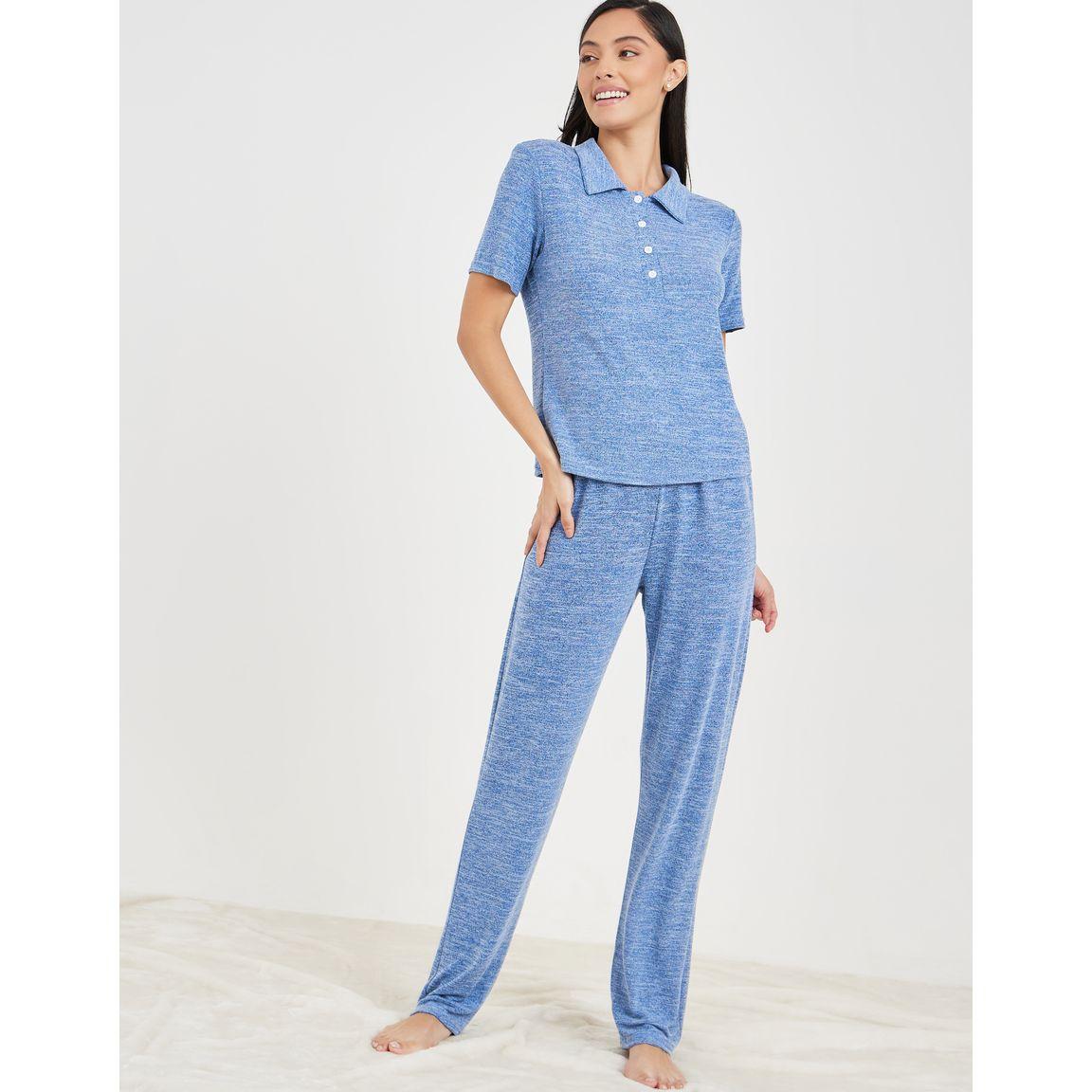 Styli Unwind Melange Button Placket Collared T-Shirt & Trouser Lounge Set-women-clothing-coordsets-image-2