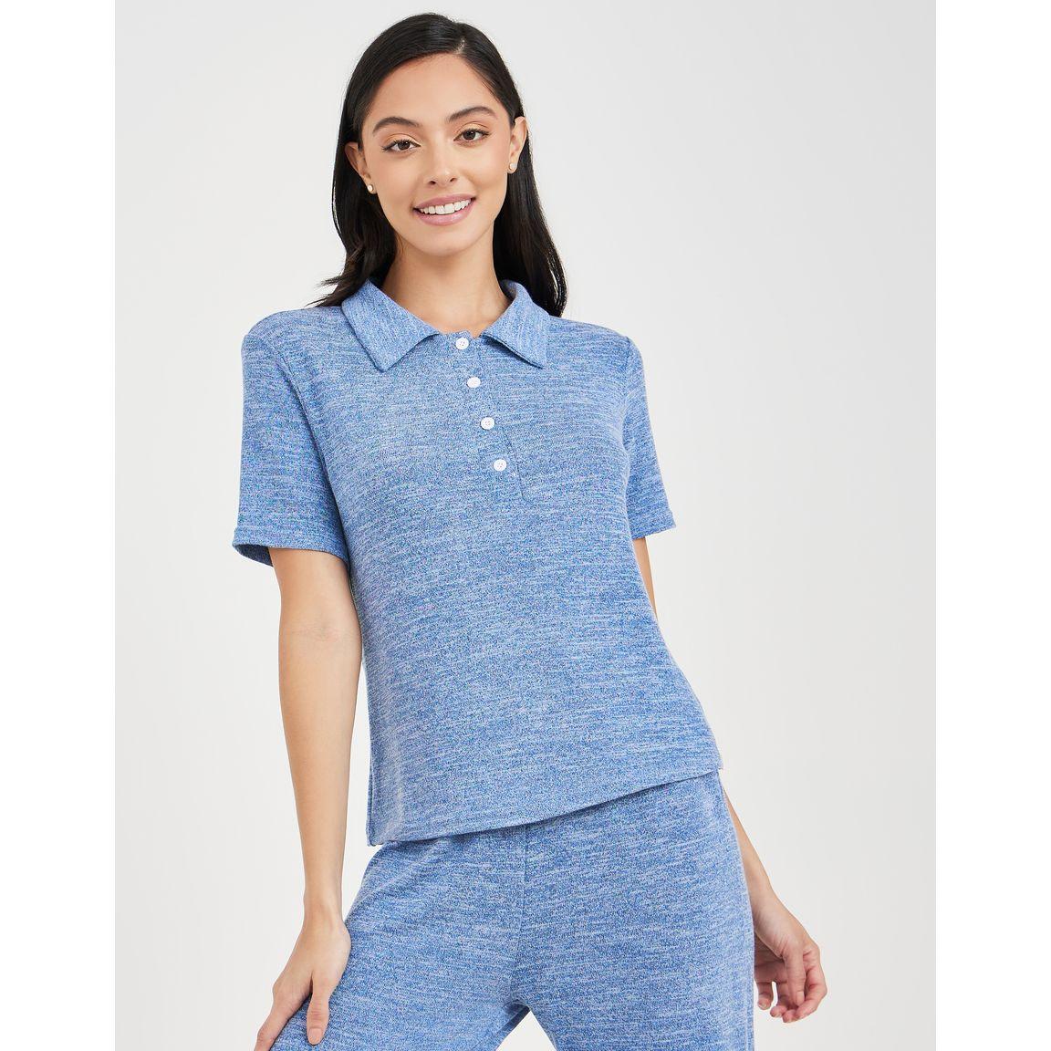 Styli Unwind Melange Button Placket Collared T-Shirt & Trouser Lounge Set-women-clothing-coordsets-image-3