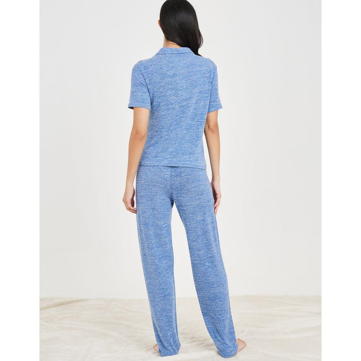 Styli Unwind Melange Button Placket Collared T-Shirt & Trouser Lounge Set-women-clothing-coordsets-image-6