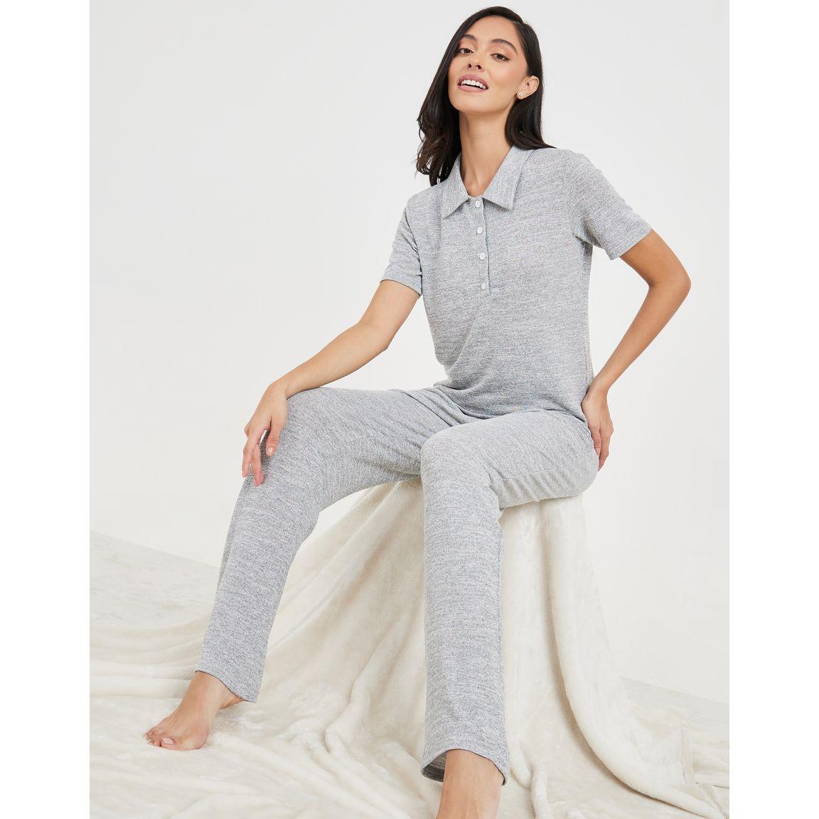 Styli Unwind Melange Button Placket Collared T-Shirt & Trouser Lounge Set-women-clothing-coordsets-image-1