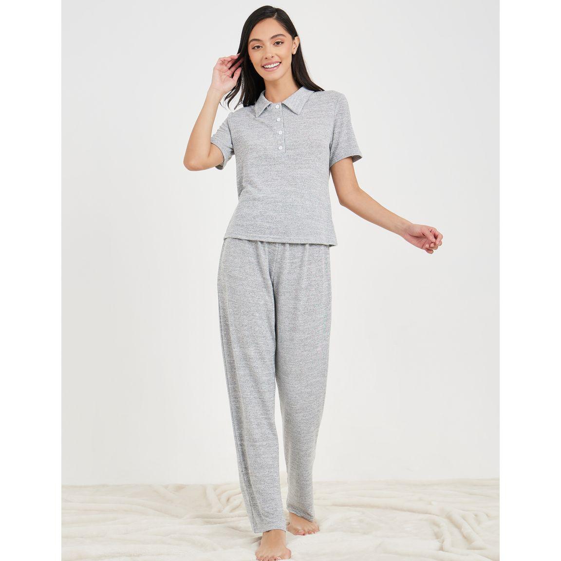 Styli Unwind Melange Button Placket Collared T-Shirt & Trouser Lounge Set-women-clothing-coordsets-image-2