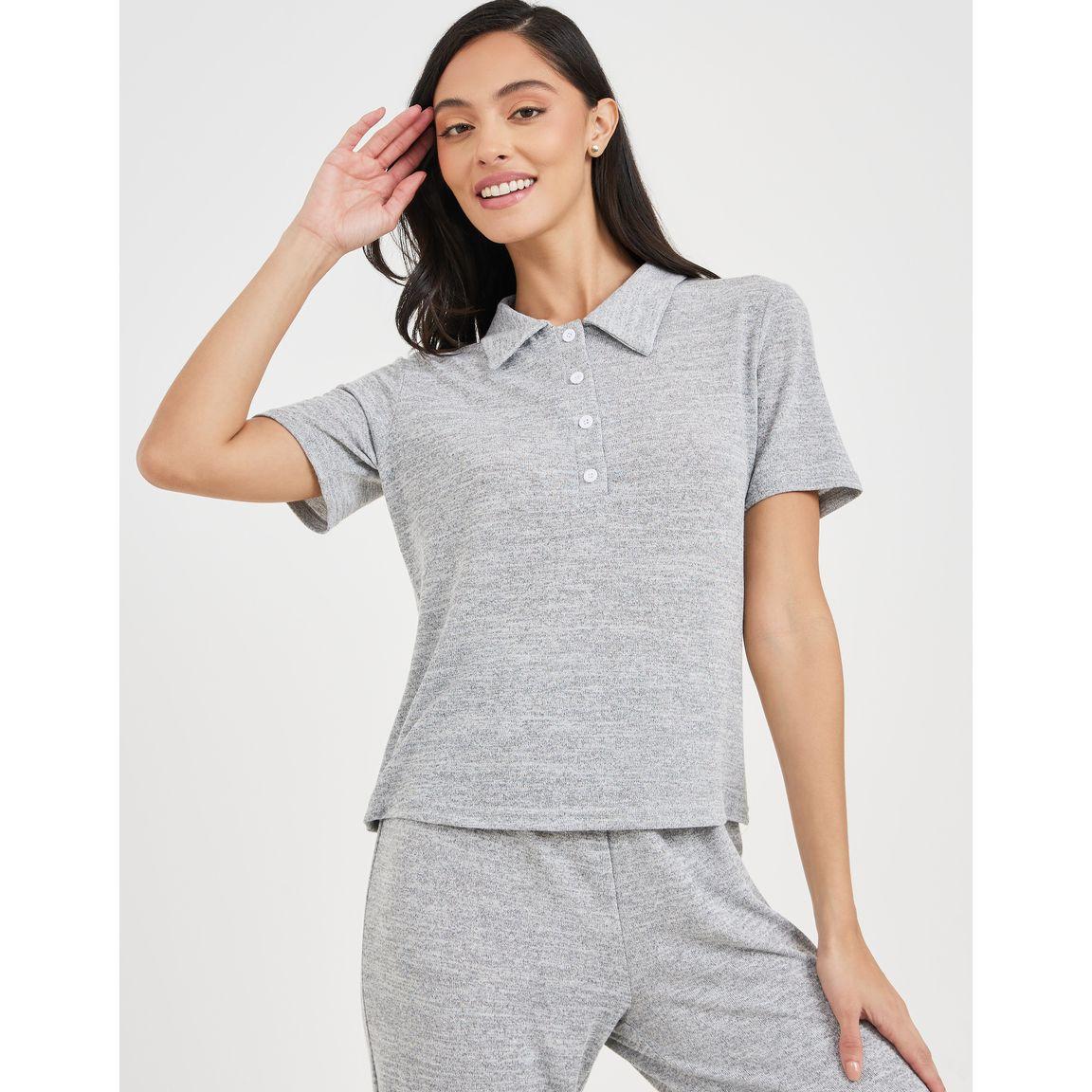 Styli Unwind Melange Button Placket Collared T-Shirt & Trouser Lounge Set-women-clothing-coordsets-image-3