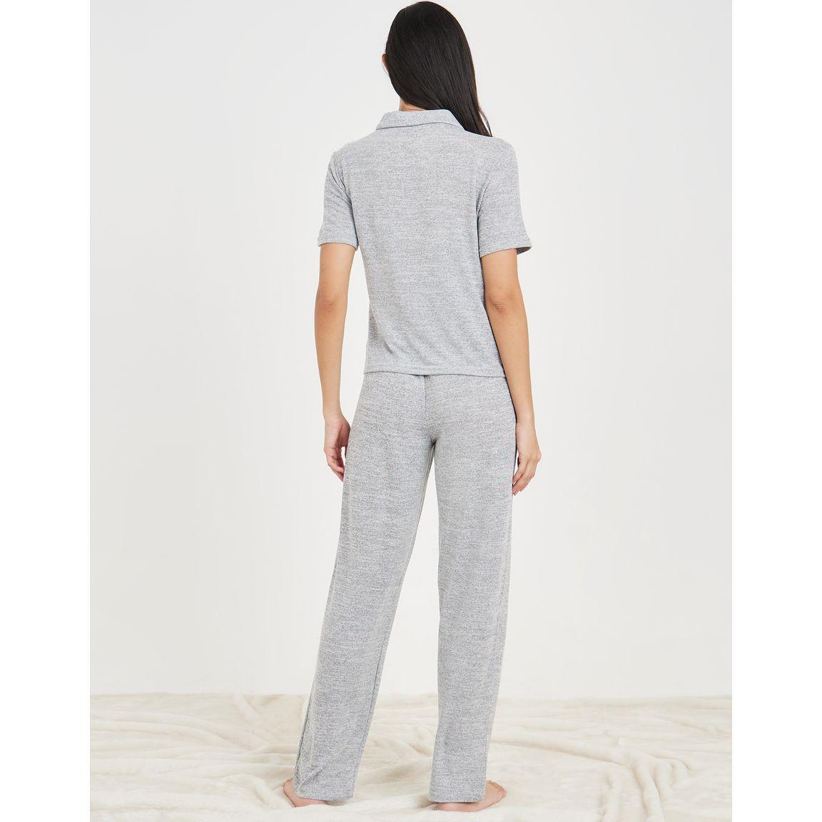 Styli Unwind Melange Button Placket Collared T-Shirt & Trouser Lounge Set-women-clothing-coordsets-image-6
