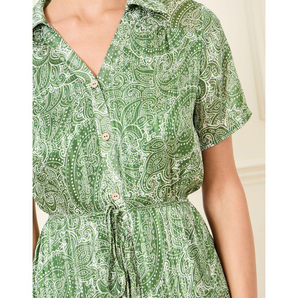 Styli Pleated Paisley Print Shirt Dress with Self Tie Up-women-clothing-dresses-image-3