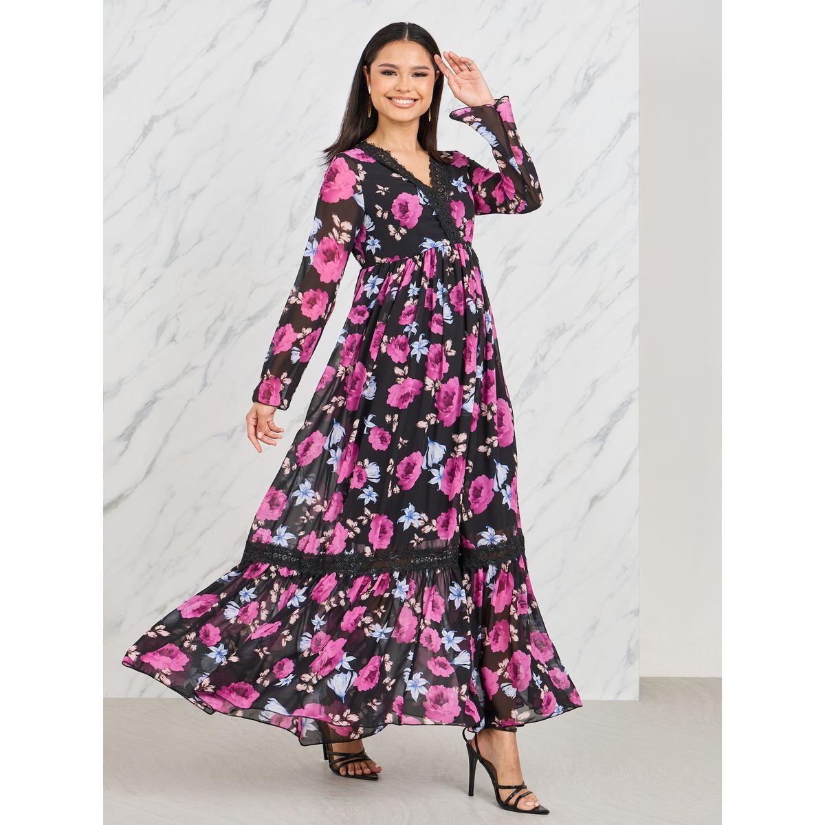 Styli Lace Trim V Neck Floral Print Maxi Dress-women-clothing-dresses-image-1
