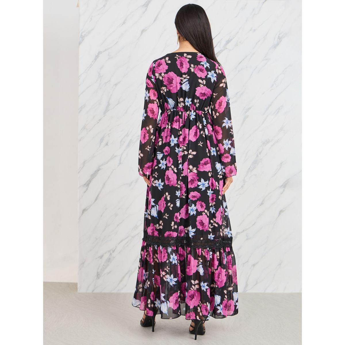 Styli Lace Trim V Neck Floral Print Maxi Dress-women-clothing-dresses-image-4