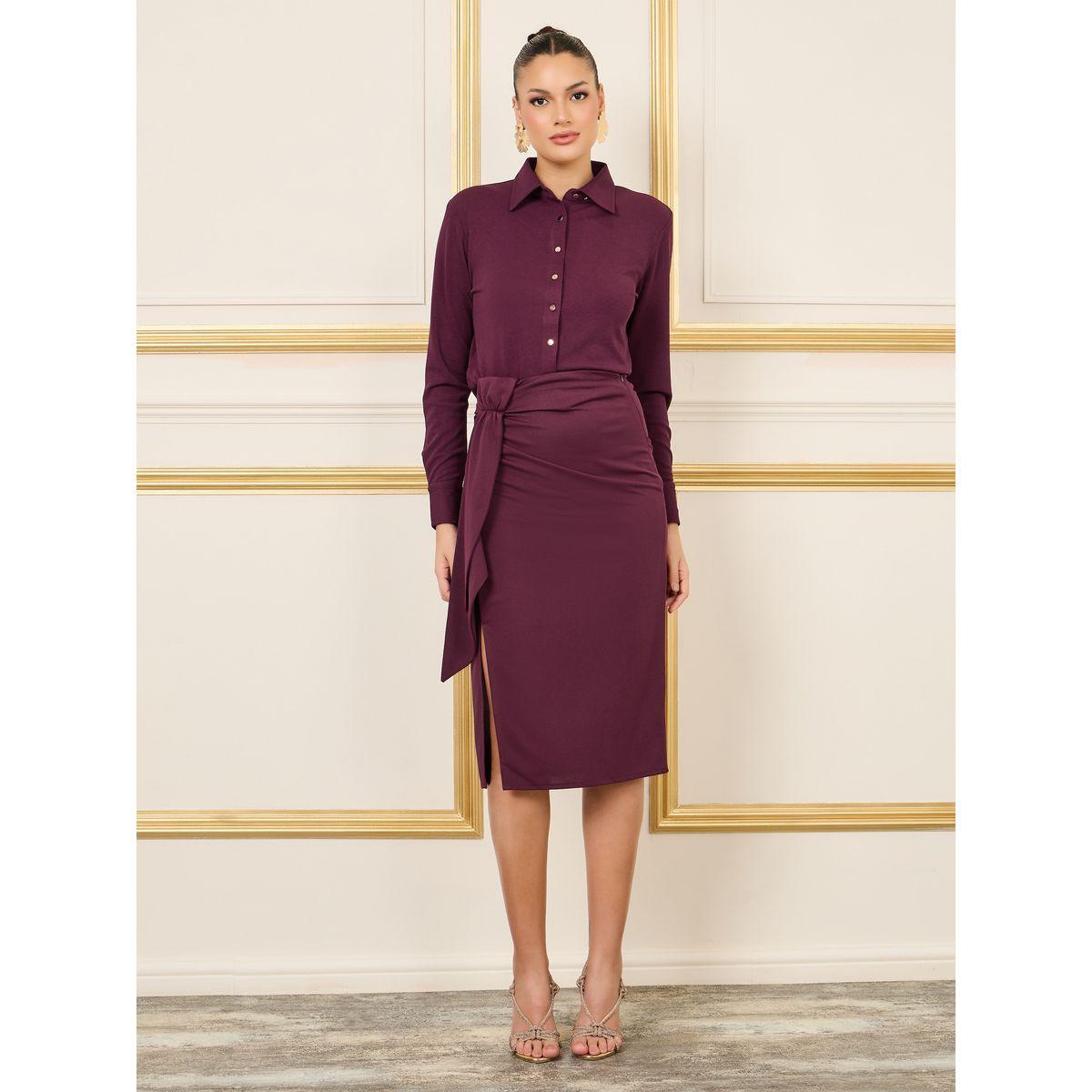 Styli Cuffed Sleeves Crop Shirt and Wrap Style Pencil Midi Skirt Set-women-clothing-coordsets-image-1