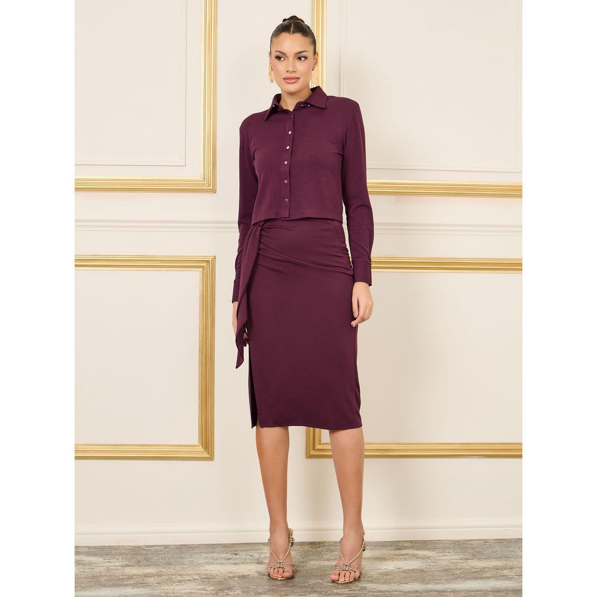 Styli Cuffed Sleeves Crop Shirt and Wrap Style Pencil Midi Skirt Set-women-clothing-coordsets-image-2