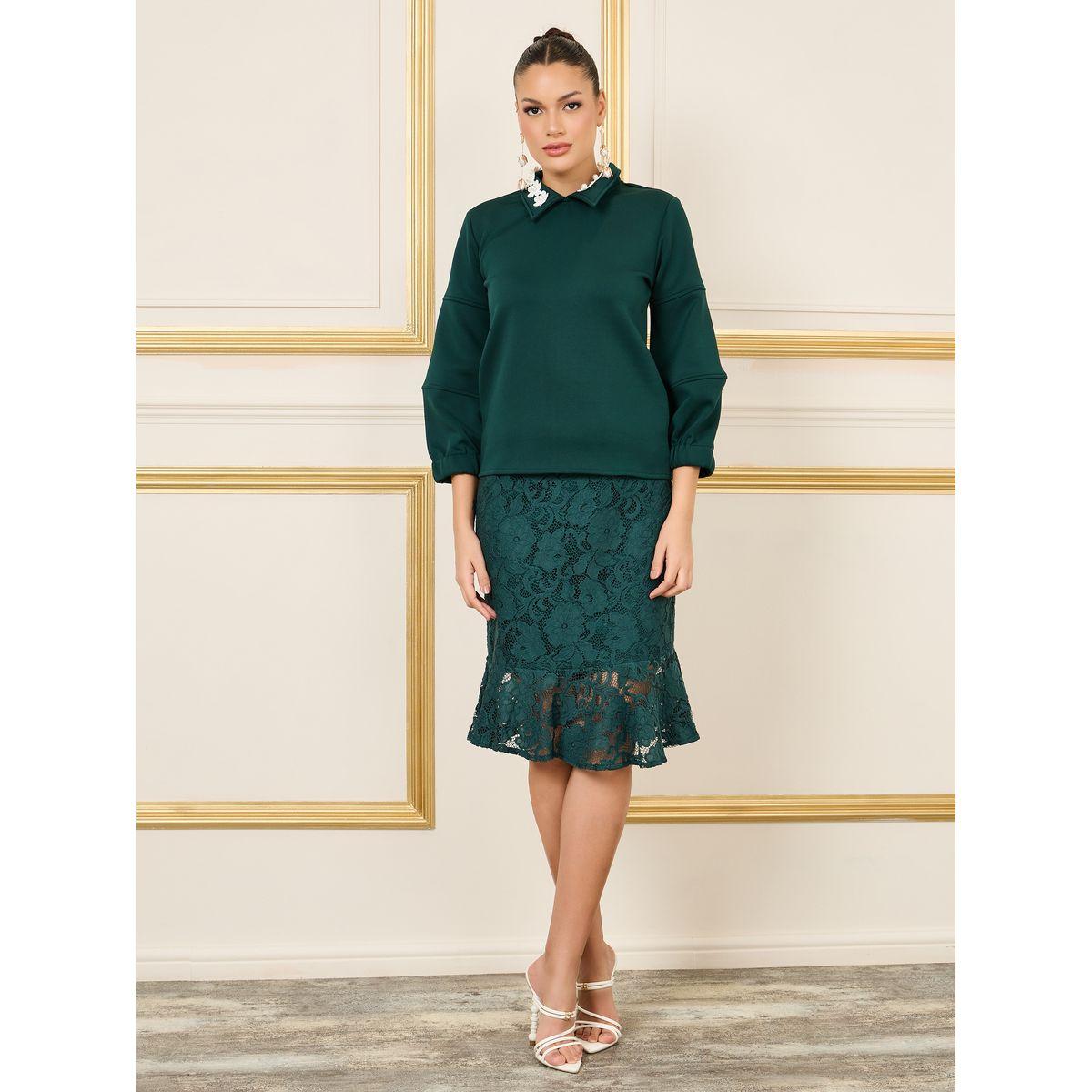 مجموعة من تنورة مع بلوزة بياقة بيتر بان-women-clothing-coordsets-image-2