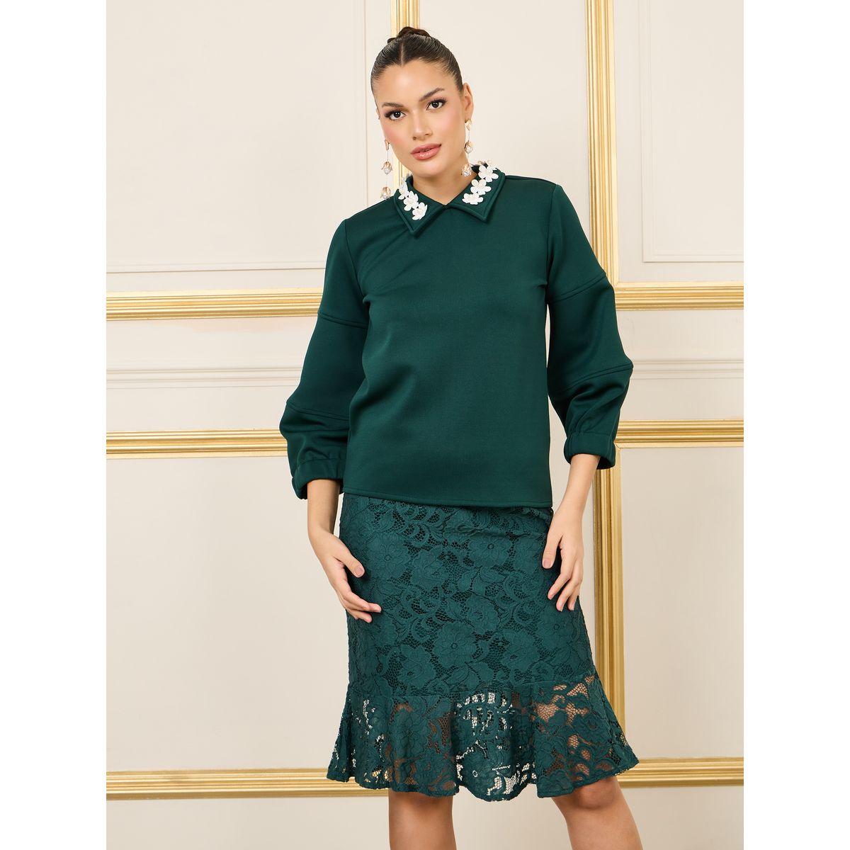 مجموعة من تنورة مع بلوزة بياقة بيتر بان-women-clothing-coordsets-image-3