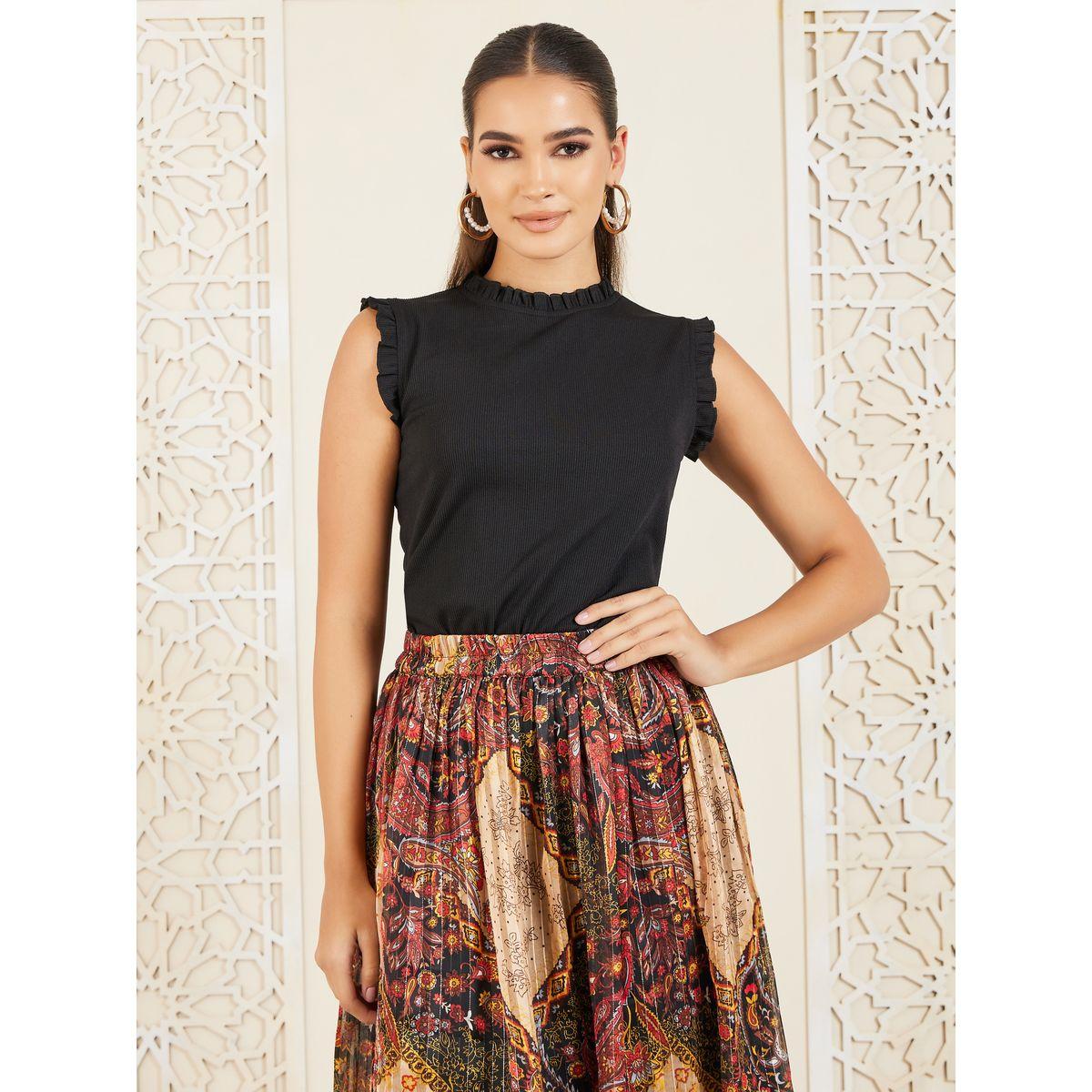 Styli Ruffle Detail Blouse & Scarf Print Pleated Skirt Co-Ord-women-clothing-coordsets-image-2
