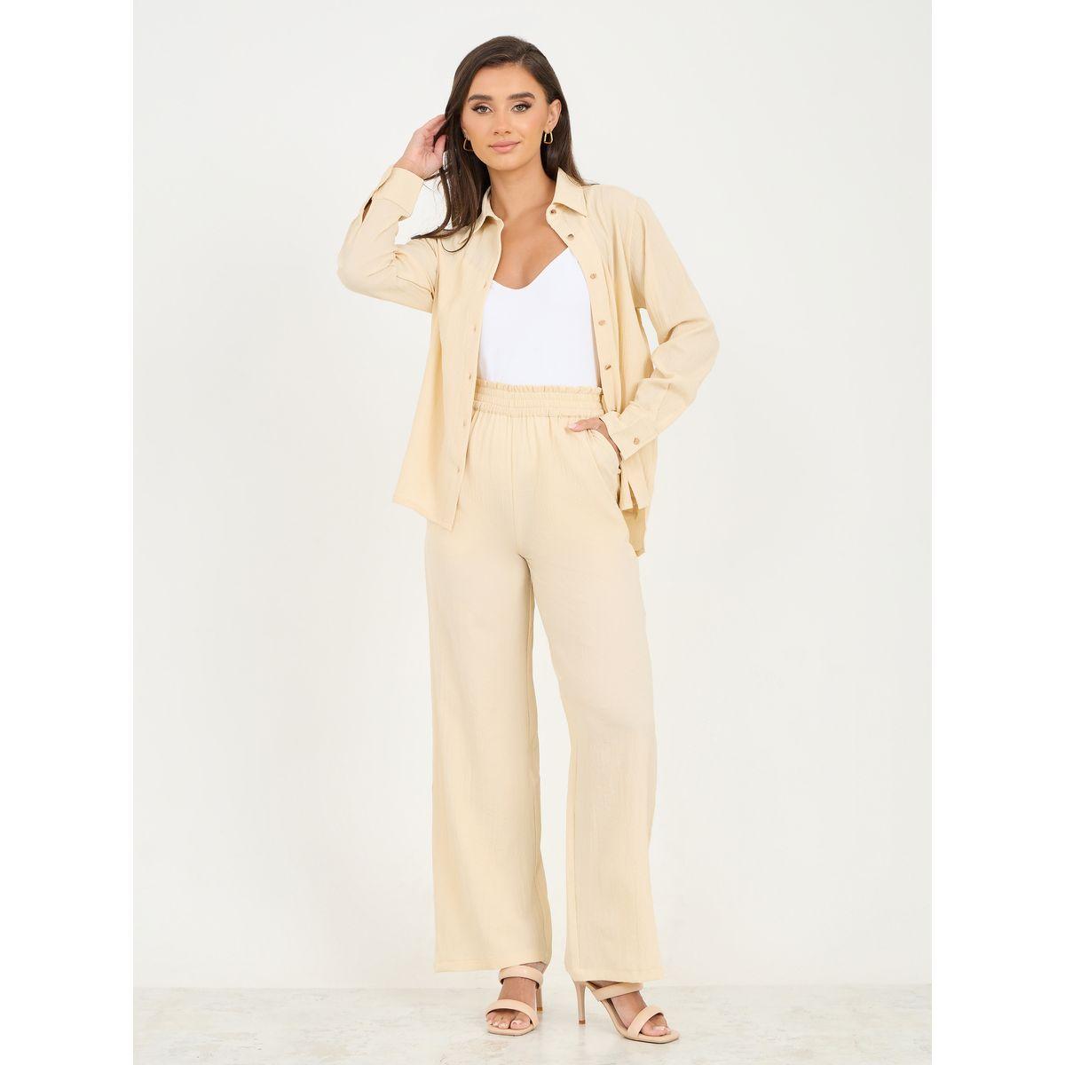 بنطال بأرجل واسعة مع بلوزة بتفاصيل بارزة الملمس-women-clothing-coordsets-image-1