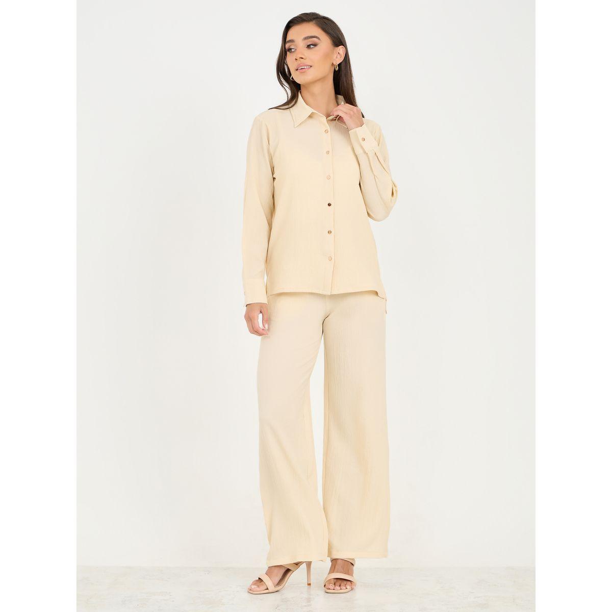 بنطال بأرجل واسعة مع بلوزة بتفاصيل بارزة الملمس-women-clothing-coordsets-image-2