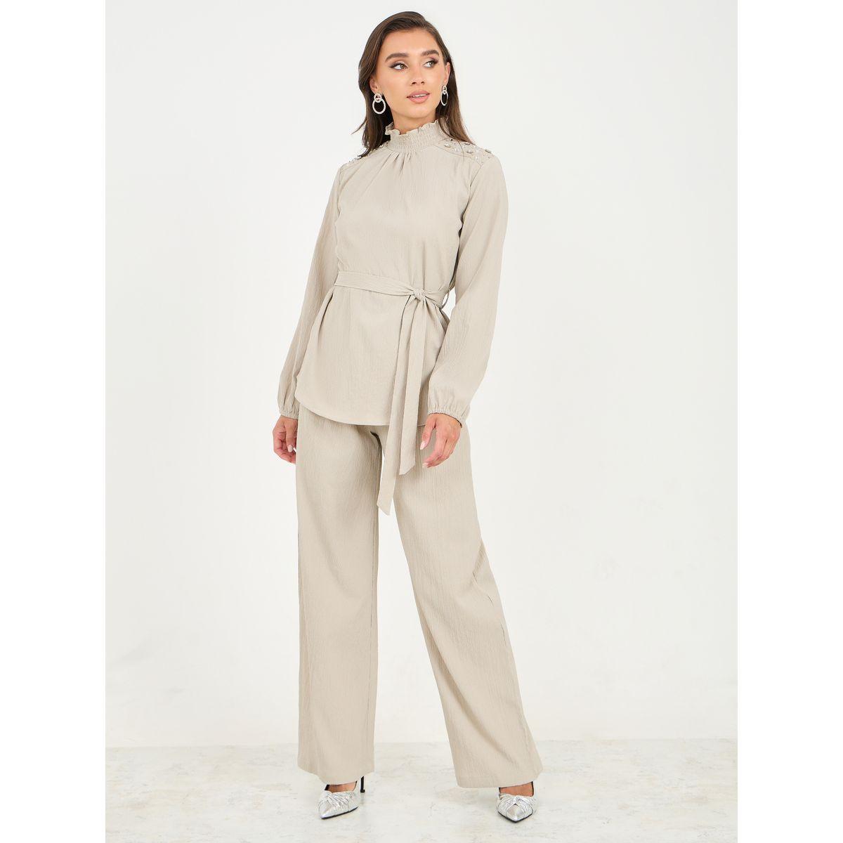 Styli Embellished High Neck Longline Top and Straight Leg Pant Co-Ords-women-clothing-coordsets-image-1