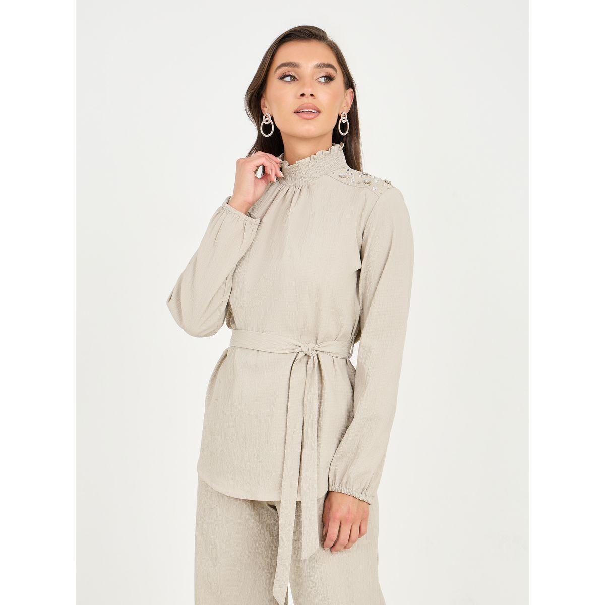 بنطال بأرجل مستقيمة مع بلوزة بياقة عالية-women-clothing-coordsets-image-2