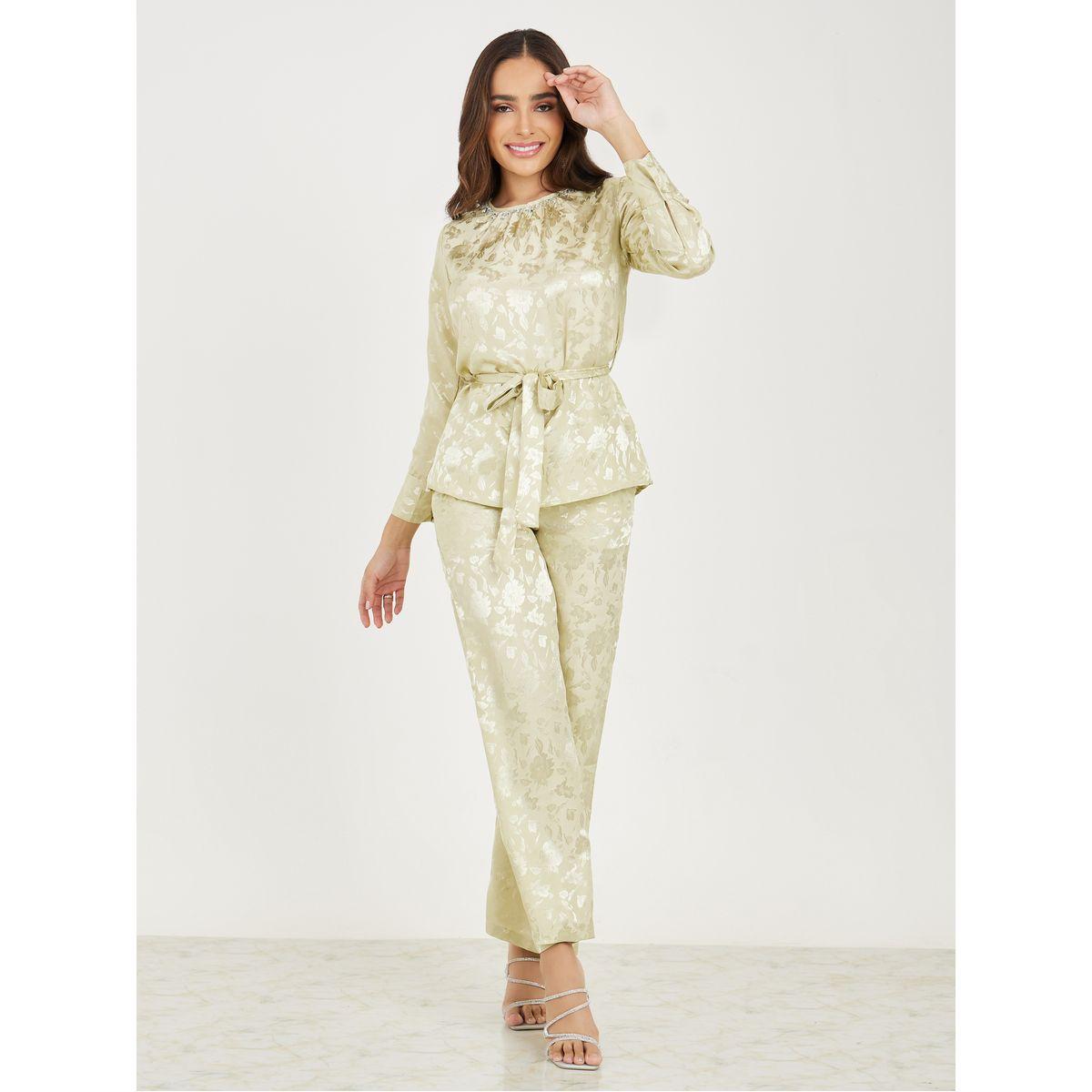 Styli Embellished Neck Jacquard Top & Wide Leg Pants Co-Ords-women-clothing-coordsets-image-1