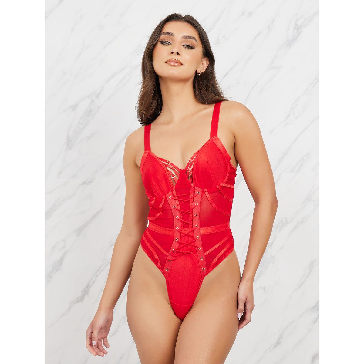 Styli Multi Strap Detail Mesh Insert Lace Up Corset Bodysuit-women-clothing-lingerie-corsets-image-2