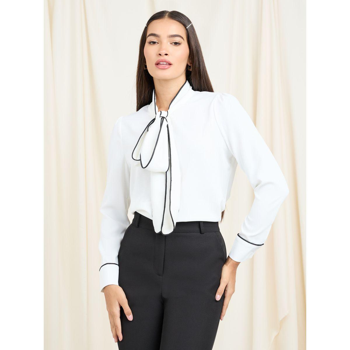 Styli Contrast Piped Detail Tie Up Neck Blouse-women-clothing-shirtsandblouses-blouses-image-1