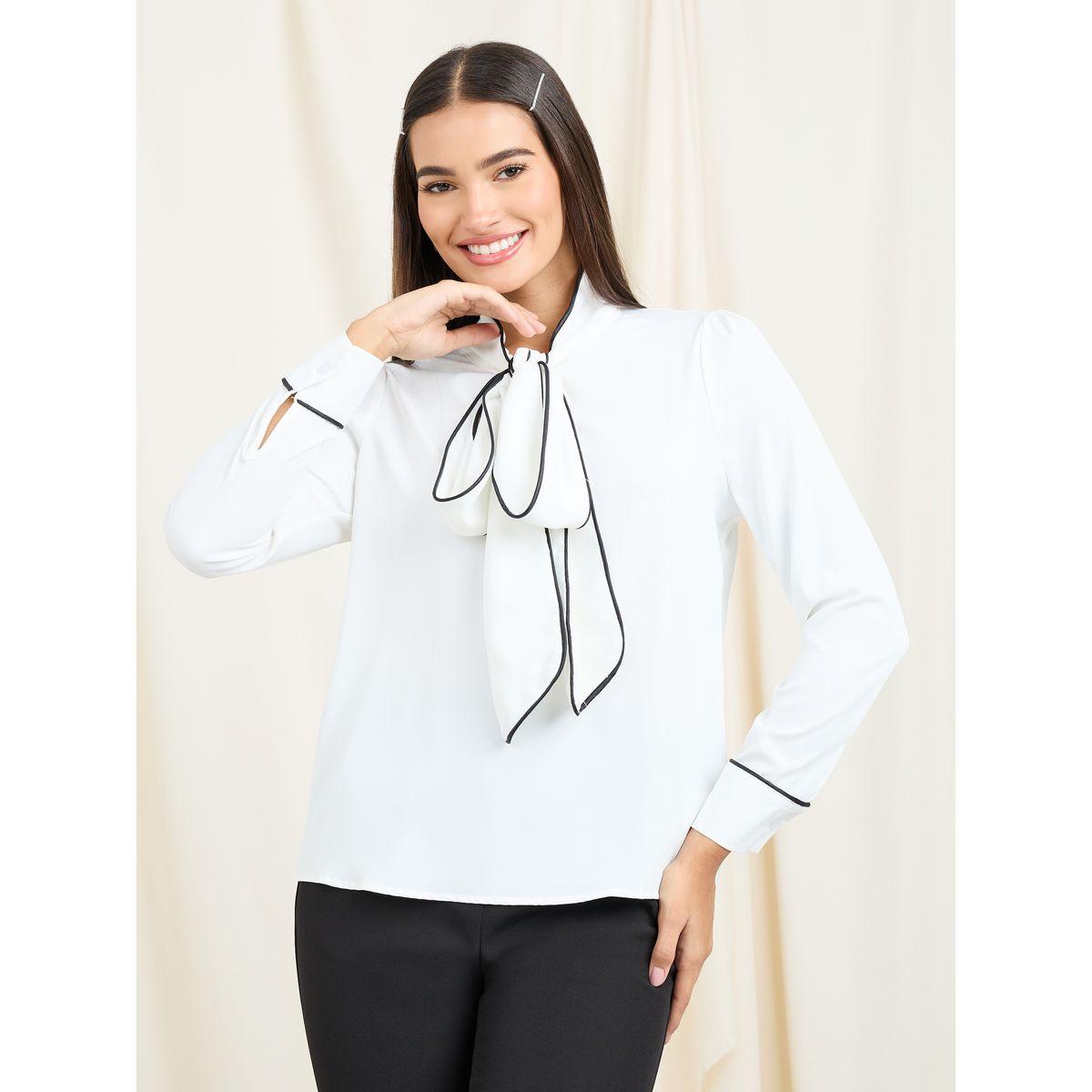 Styli Contrast Piped Detail Tie Up Neck Blouse-women-clothing-shirtsandblouses-blouses-image-2