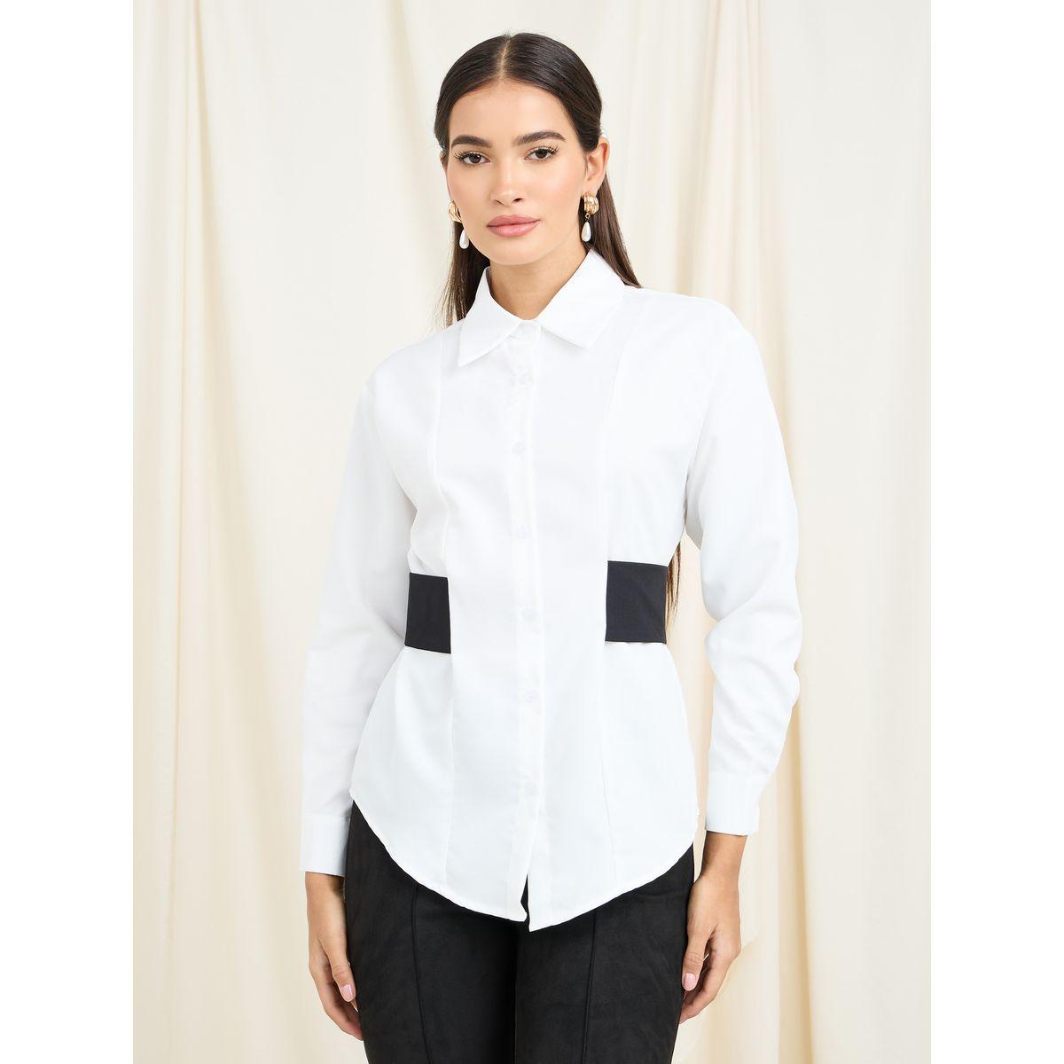 Styli Contrast Waistband Button Front Shirt-women-clothing-shirtsandblouses-shirts-image-1