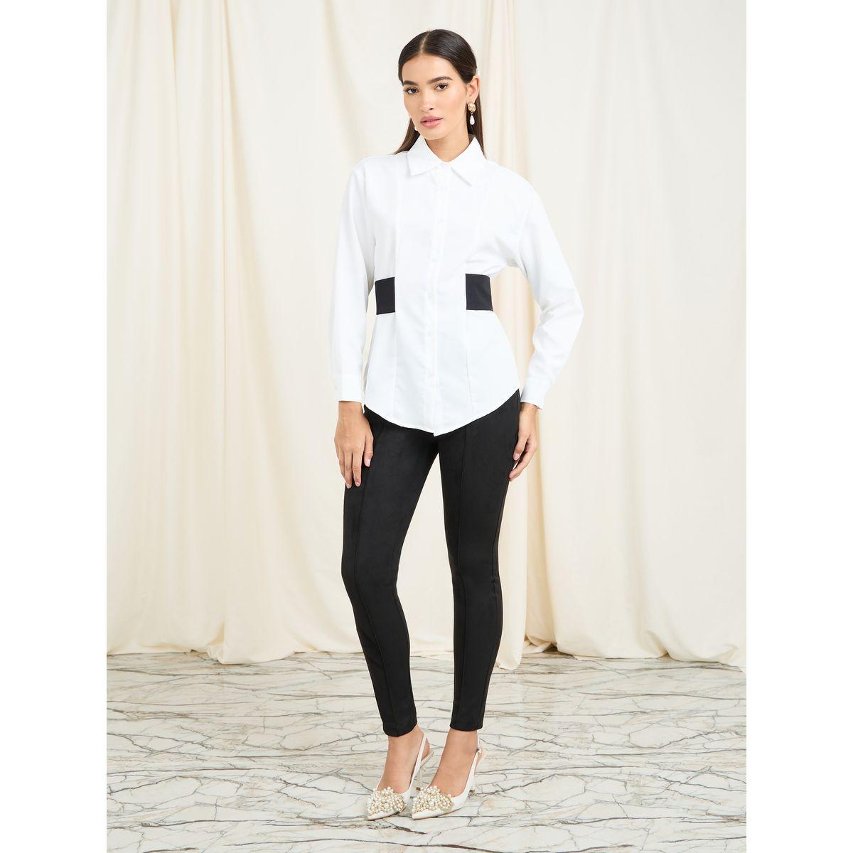 Styli Contrast Waistband Button Front Shirt-women-clothing-shirtsandblouses-shirts-image-2