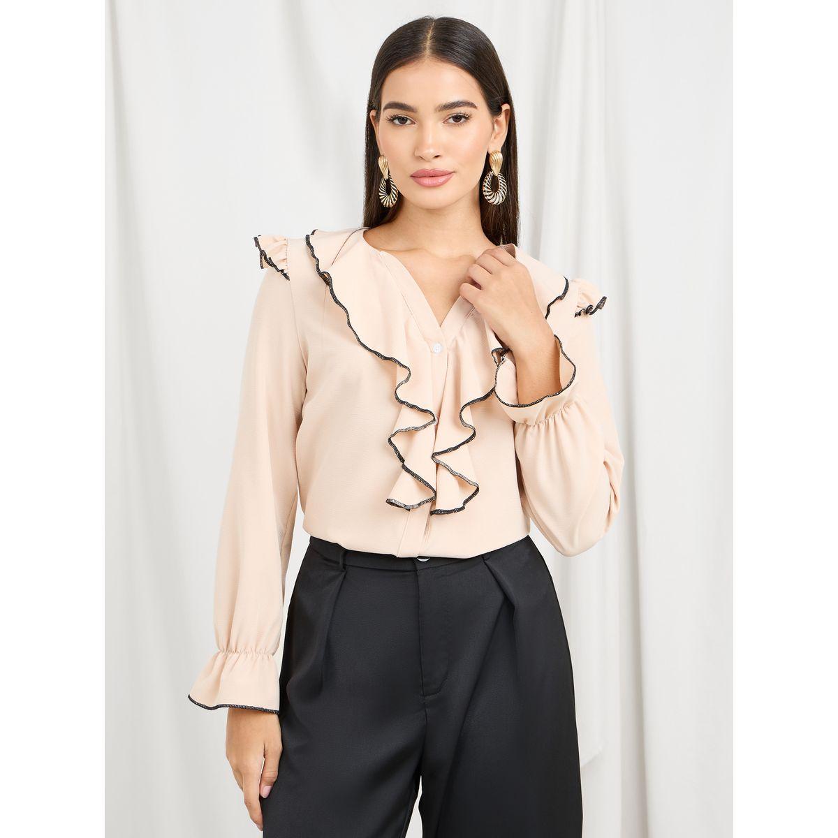 Styli Ruffle Detail V Neck Blouse-women-clothing-shirtsandblouses-blouses-image-1