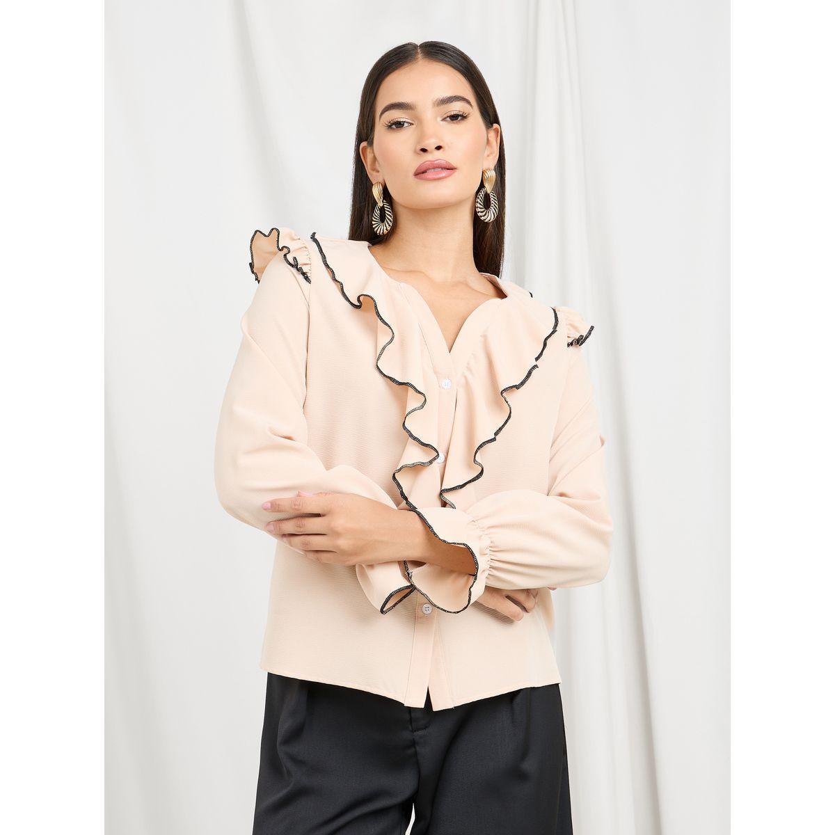Styli Ruffle Detail V Neck Blouse-women-clothing-shirtsandblouses-blouses-image-2